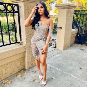 Silver sequin lace drape mini dress